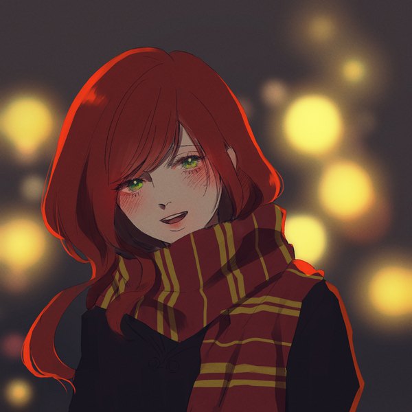 Anime picture 1000x1000 with harry potter lily evans kirikawajuu single long hair looking at viewer blush fringe open mouth green eyes payot upper body red hair head tilt :d girl scarf red scarf striped scarf