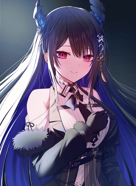 Anime picture 2340x3193 with virtual youtuber hololive hololive english nerissa ravencroft nerissa ravencroft (1st costume) ineka ka single long hair tall image fringe highres black hair smile hair between eyes bare shoulders blue hair upper body pink eyes multicolored hair horn (horns)