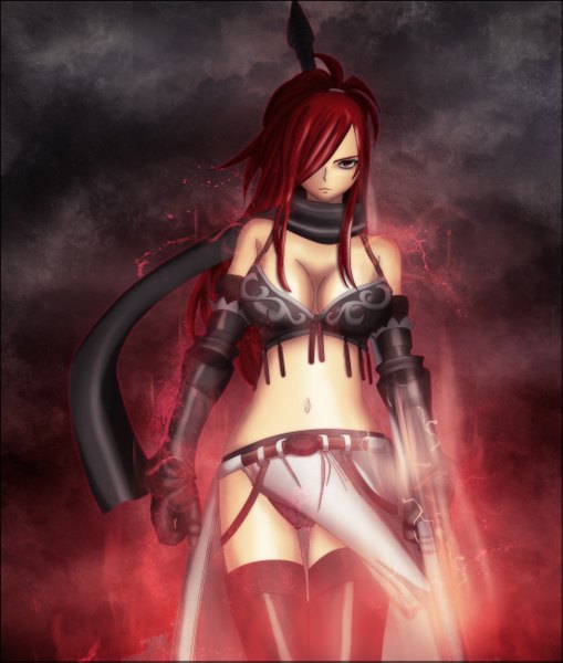 Anime picture 2110x2485 with fairy tail erza knightwalker gray fullbuster (artist) single long hair tall image fringe highres red eyes cloud (clouds) red hair hair over one eye midriff coloring magic light girl navel scarf armor