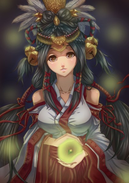Anime picture 2480x3508 with original jy (artist) single long hair tall image looking at viewer blush highres black hair bare shoulders brown eyes miko girl hair ornament ribbon (ribbons) hair ribbon detached sleeves bell