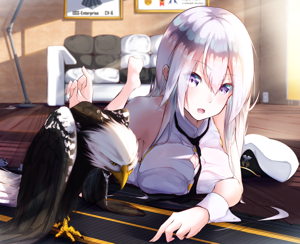 Anime picture 2675x2180 with azur lane enterprise (azur lane) murata ryou single long hair looking at viewer blush fringe highres breasts open mouth light erotic hair between eyes large breasts purple eyes bare shoulders payot silver hair full body indoors