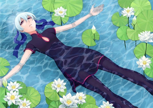 Anime picture 1679x1192 with darker than black studio bones yin (darker than black) 108 (pixiv) single purple eyes silver hair lying chinese clothes spread arms ophelia's pose girl flower (flowers) ribbon (ribbons) pantyhose chinese dress water lily