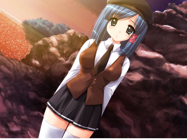 Anime-Bild 1024x768 mit moero downhill night 2 asagiri tomomi emily (pure dream) single short hair blue eyes blue hair game cg outdoors pleated skirt dutch angle zettai ryouiki evening sunset girl thighhighs skirt uniform school uniform miniskirt