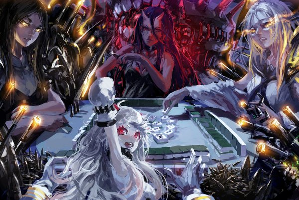 Anime picture 1300x871 with kantai collection admiral (kantai collection) battleship-symbiotic hime northern ocean hime aircraft carrier hime ru-class battleship stu dts long hair open mouth black hair hair between eyes red eyes sitting multiple girls yellow eyes white hair horn (horns) teeth loli glowing