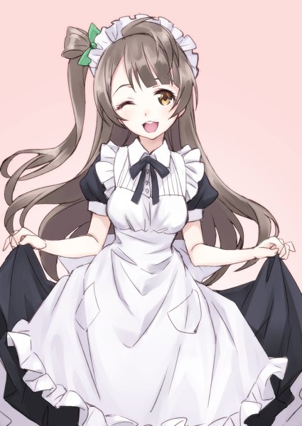 Anime picture 850x1200 with love live! school idol project sunrise (studio) love live! minami kotori matsuryuu single long hair tall image looking at viewer simple background brown hair brown eyes one eye closed wink maid one side up dress lift girl dress uniform