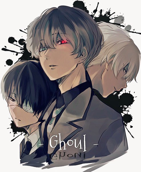 Anime picture 967x1177 with tokyo ghoul studio pierrot kaneki ken sasaki haise zabeo0125 tall image looking at viewer fringe short hair black hair simple background hair between eyes red eyes white background brown eyes white hair parted lips profile multicolored hair two-tone hair