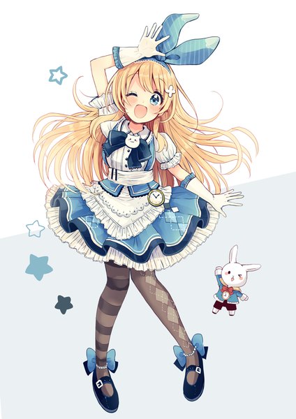 Anime picture 2894x4093 with alice in wonderland alice (wonderland) white rabbit sakura oriko single long hair tall image looking at viewer blush fringe highres open mouth blue eyes blonde hair simple background smile standing full body head tilt one eye closed