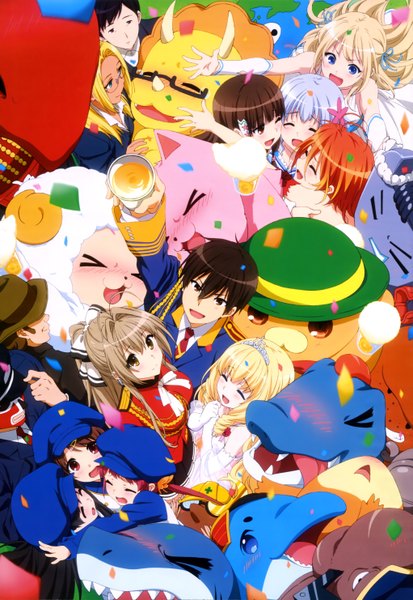 Anime picture 4085x5925 with amagi brilliant park kyoto animation nyantype sento isuzu latifa fleuranza muse (amaburi) sylphy (amaburi) koborii (amaburi) salama (amaburi) moffle (amaburi) kanie seiya tiramii (amaburi) macaron (amaburi) chuujou shiina long hair tall image blush highres short hair open mouth