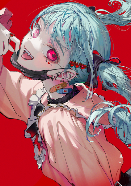 Anime picture 2480x3508 with vocaloid vampire (vocaloid) hatsune miku roitz ( roitz ) single long hair tall image looking at viewer highres open mouth simple background twintails upper body pink eyes aqua hair piercing ear piercing red background mask pull girl