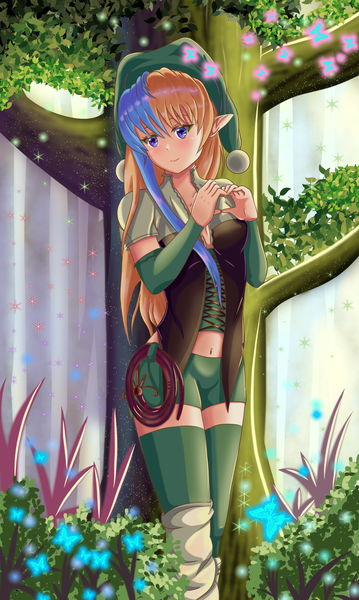 Anime picture 2451x4096 with original kristi palmer31 single long hair tall image looking at viewer blush fringe highres blue eyes blonde hair smile hair between eyes standing blue hair outdoors light smile two-tone hair sparkle elf