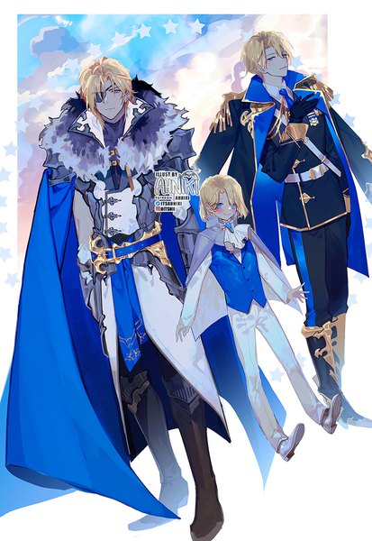 Anime picture 765x1111 with fire emblem fire emblem: three houses nintendo dimitri alexandre blaiddyd ahniki tall image looking at viewer fringe short hair blue eyes smile hair between eyes standing full body multiple boys clothes on shoulders alternate age multiple persona younger time paradox