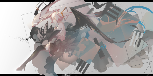 Anime picture 3260x1632 with vocaloid hatsune miku saihate (d3) single highres wide image twintails silver hair very long hair profile letterboxed black wings silver eyes girl thighhighs black thighhighs detached sleeves wings