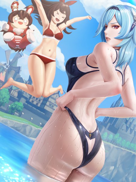 Anime picture 4025x5366 with genshin impact eula lawrence amber (genshin impact) baron bunny (genshin impact) limgae long hair tall image looking at viewer fringe highres breasts open mouth light erotic smile brown hair large breasts standing purple eyes multiple girls signed