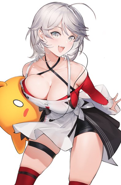 Anime picture 1200x1826 with azur lane manjuu (azur lane) seattle (azur lane) seattle (christmas party!) (azur lane) duan henglong single tall image looking at viewer blush fringe short hair breasts open mouth light erotic simple background smile large breasts standing white background holding