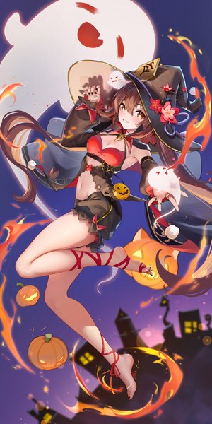 Anime picture 1080x2160 with genshin impact hu tao (genshin impact) boo tao (genshin impact) liu liaoliao single long hair tall image looking at viewer fringe light erotic smile hair between eyes brown hair twintails full body barefoot bare legs grin halloween ghost