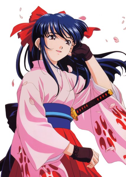 Anime picture 2489x3500 with sakura taisen shinguuji sakura long hair tall image fringe highres simple background white background brown eyes blue hair absurdres japanese clothes girl gloves bow hair bow petals sword fingerless gloves katana