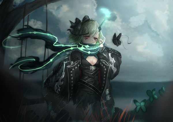 Anime picture 2048x1448 with sinoalice wthjie single fringe highres short hair breasts standing looking away sky cloud (clouds) outdoors pink eyes green hair blurry open jacket torn clothes adjusting hair covered mouth girl