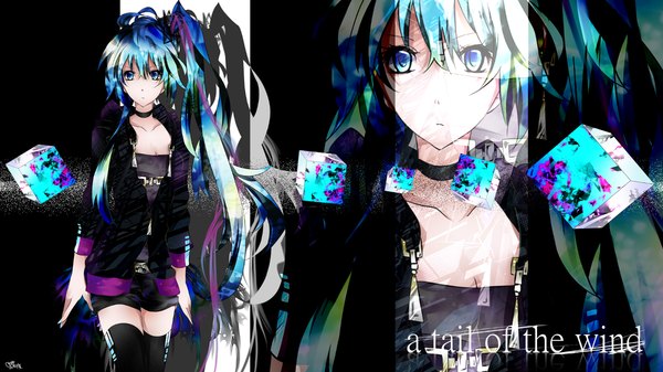 Anime picture 1400x788 with vocaloid a tail of the wind (vocaloid) hatsune miku tyouya looking at viewer wide image twintails ponytail very long hair aqua eyes aqua hair side ponytail zoom layer girl thighhighs black thighhighs jacket shorts belt