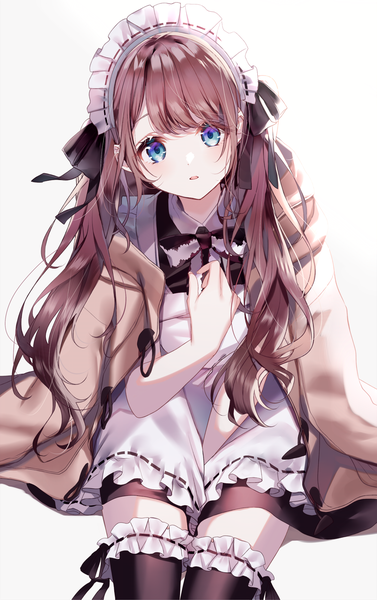 Anime picture 1257x2000 with original sinsihukunokonaka single long hair tall image looking at viewer blue eyes simple background brown hair white background sitting twintails head tilt maid clothes on shoulders girl thighhighs uniform black thighhighs headdress
