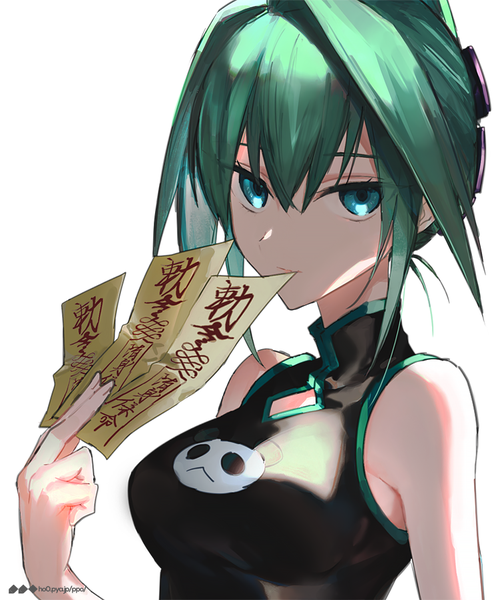 Anime picture 754x900 with shaman king xebec tao jun hou (ppo) single tall image looking at viewer fringe short hair simple background hair between eyes white background upper body traditional clothes aqua eyes aqua hair sleeveless chinese clothes animal print folded ponytail