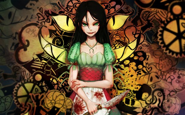 Anime picture 1400x868 with american mcgee's alice (game) alice: madness returns alice (american mcgee's) qys3 single long hair looking at viewer black hair smile wide image green eyes lips lipstick crazy smile girl dress blood knife
