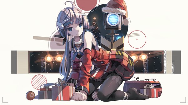 Anime picture 1920x1080 with original huanxiang huifeng single looking at viewer highres blue eyes wide image ahoge wallpaper christmas personification 2015 railroad crossing girl dress hair ornament hat pantyhose gift santa claus hat