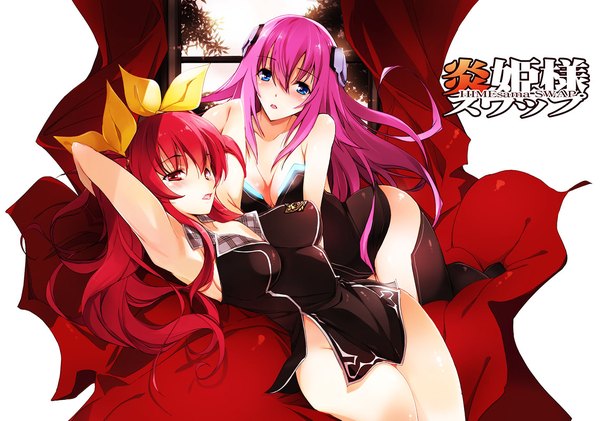 Anime picture 1139x800 with rakudai kishi no cavalry gakusen toshi asterisk stella vermillion julis-alexia van riessfeld nagare hyougo long hair looking at viewer blush fringe breasts open mouth blue eyes light erotic simple background hair between eyes red eyes large breasts white background sitting bare shoulders