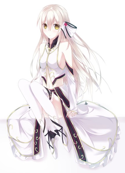 Anime picture 1136x1577 with original nagishiro mito single long hair tall image looking at viewer blush white background bare shoulders yellow eyes white hair girl thighhighs dress bow hair bow white thighhighs