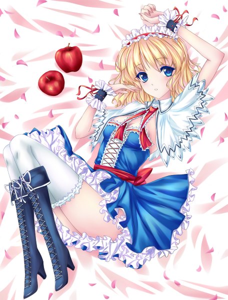 Anime picture 913x1200 with touhou alice margatroid fred0092 single tall image looking at viewer short hair blue eyes blonde hair girl thighhighs dress petals white thighhighs boots hairband fruit apple