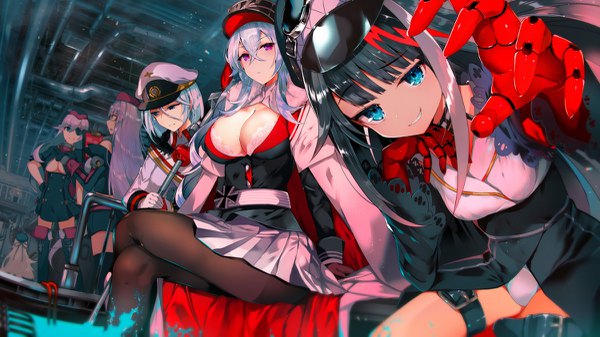 Anime picture 1200x675 with azur lane graf zeppelin (azur lane) deutschland (azur lane) tirpitz (azur lane) z46 (azur lane) gneisenau (azur lane) scharnhorst (azur lane) tetsubuta long hair looking at viewer fringe short hair breasts blue eyes light erotic black hair blonde hair smile hair between eyes wide image