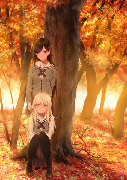 Anime picture 2894x4093 with original asaba0327 long hair tall image blush highres black hair blonde hair standing sitting purple eyes multiple girls yellow eyes outdoors shoujo ai autumn girl uniform 2 girls plant (plants)