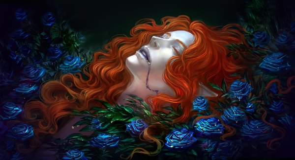 Anime picture 1600x873 with windside: necromance myar anndr (artist) single long hair open mouth wide image eyes closed pointy ears orange hair curly hair death girl flower (flowers) rose (roses)