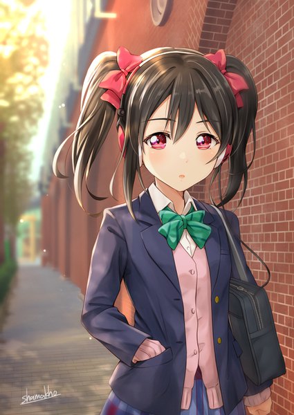 Anime picture 878x1240 with love live! school idol project sunrise (studio) love live! yazawa nico shamakho single long hair tall image looking at viewer blush fringe black hair hair between eyes twintails signed upper body outdoors pink eyes :o hand in pocket