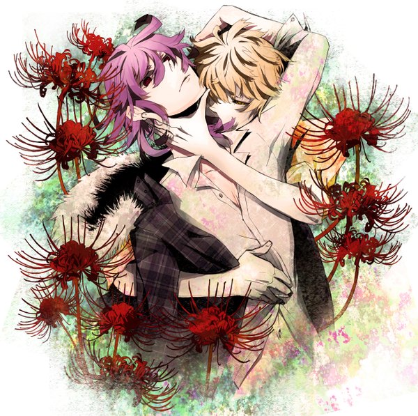 Anime picture 1264x1258 with shiki yuuki natsuno mutou tohru jigusa short hair blonde hair red eyes purple hair head tilt off shoulder open clothes open shirt hug shounen ai vampire werewolf boy navel flower (flowers) jacket