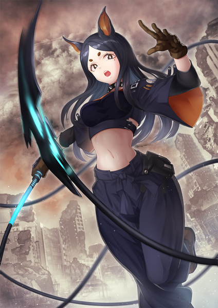 Anime picture 827x1169 with arknights dobermann (arknights) budda single long hair tall image looking at viewer fringe breasts open mouth black hair standing holding brown eyes animal ears outdoors arm up blurry mole wide sleeves