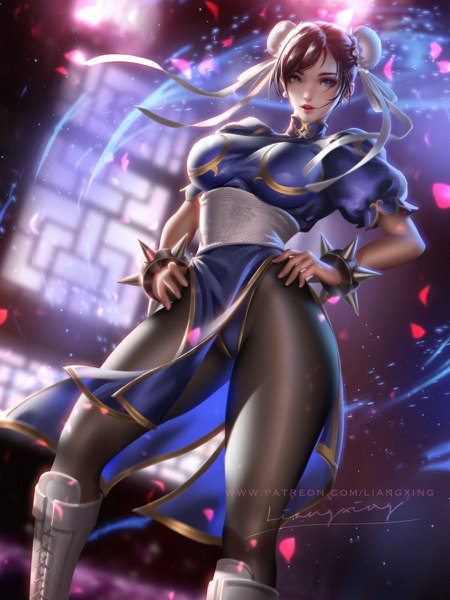 Anime picture 900x1200 with street fighter capcom chun-li liang xing single tall image looking at viewer fringe short hair breasts blue eyes light erotic brown hair large breasts standing signed traditional clothes realistic short sleeves hair bun (hair buns)