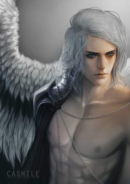 Anime picture 600x849 with sarah-valsheim (cashile) single long hair tall image simple background signed silver hair lips grey background muscle angel wings silver eyes angel boy wings chain