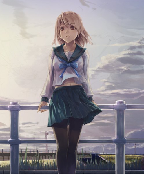 Anime picture 1000x1205 with original shacchi single tall image short hair blonde hair brown eyes cloud (clouds) girl skirt miniskirt serafuku bridge