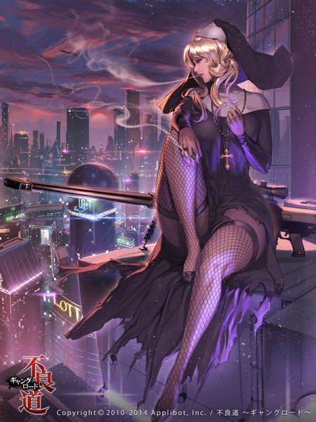 Anime picture 600x800 with furyou michi ~gang road~ nightmadness single long hair tall image fringe breasts blue eyes light erotic blonde hair large breasts sitting sky cloud (clouds) bent knee (knees) outdoors nail polish profile fingernails wind