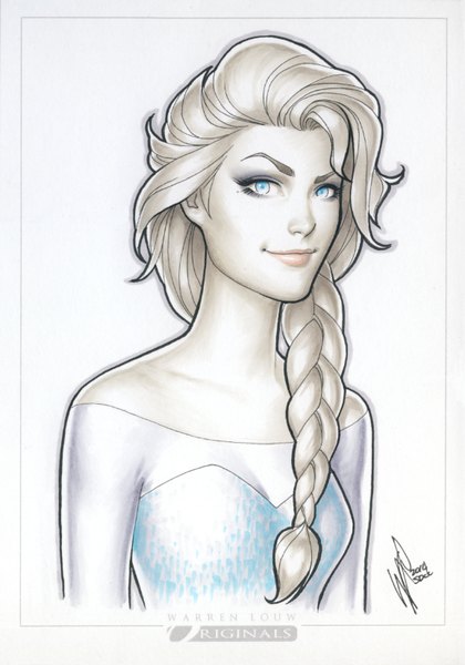 Anime picture 578x824 with frozen (disney) disney elsa (frozen) warrenlouw single long hair tall image looking at viewer blue eyes signed braid (braids) grey hair mole mole under eye single braid girl dress