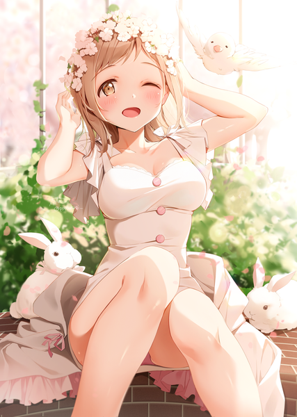 Anime picture 1190x1670 with idolmaster idolmaster shiny colors sakuragi mano kinako (shiratama mochi) single long hair tall image looking at viewer blush fringe breasts open mouth light erotic smile brown hair sitting brown eyes signed cleavage one eye closed