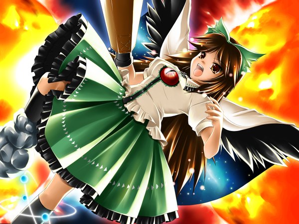 Anime picture 1600x1200 with touhou reiuji utsuho kamiya tomoe long hair brown hair arm cannon girl ribbon (ribbons) wings