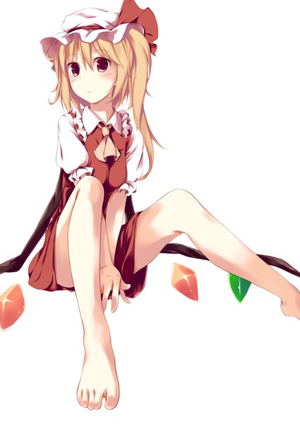 Anime picture 1254x1771 with touhou flandre scarlet fal maro single tall image looking at viewer blush short hair simple background blonde hair red eyes white background sitting barefoot legs one side up girl wings bonnet ascot