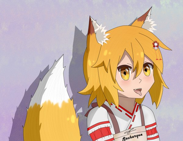 Anime picture 1389x1074 with sewayaki kitsune no senko-san doga kobo senko (sewayaki kitsune no senko-san) sacharque single blush fringe short hair open mouth hair between eyes signed animal ears looking away upper body tail traditional clothes japanese clothes animal tail orange hair shadow
