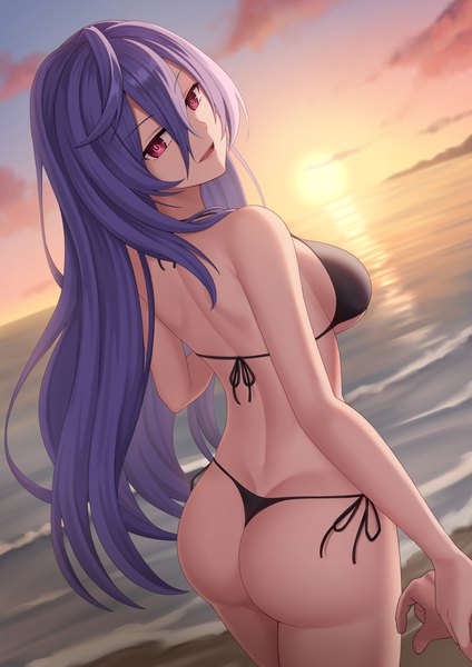 Anime picture 1098x1555 with choujigen game neptune iris heart kurisu-kun long hair tall image looking at viewer fringe open mouth light erotic hair between eyes red eyes standing sky purple hair cloud (clouds) outdoors looking back dutch angle beach evening