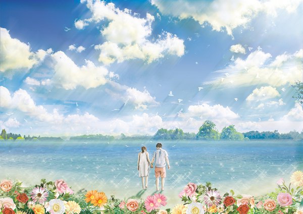 Anime picture 1440x1018 with original geshi short hair brown hair standing holding sky cloud (clouds) outdoors barefoot from behind sunlight sparkle holding hands reflection horizon landscape sunbeam scenic lake