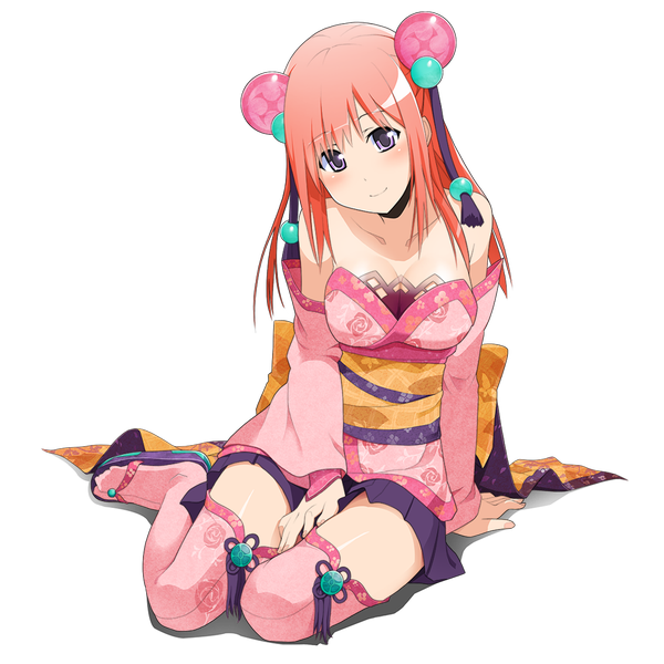 Anime picture 1000x1000 with onigiri (mmorpg) shizuka (onigiri) single long hair tall image blush smile purple eyes bare shoulders pink hair traditional clothes japanese clothes transparent background girl thighhighs hair ornament detached sleeves kimono obi hair tie