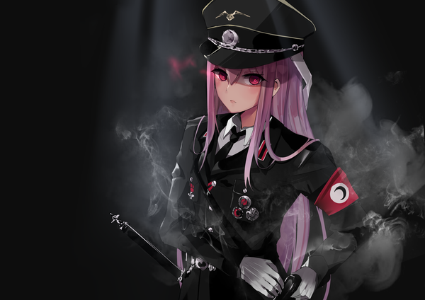 Anime picture 4912x3473 with touhou reisen udongein inaba dleung single long hair looking at viewer blush fringe highres simple background hair between eyes standing payot pink hair absurdres upper body long sleeves pink eyes dark background smoke