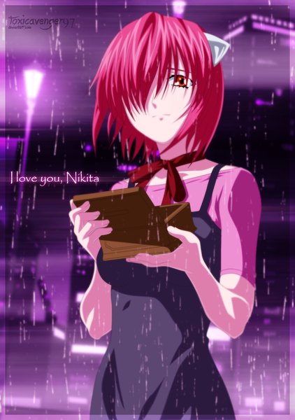 Anime picture 1125x1600 with elfen lied arms corporation lucy lynn okamoto (artist) toxicavenger97 single tall image looking at viewer fringe short hair red eyes red hair hair over one eye inscription coloring rain third-party edit girl casket