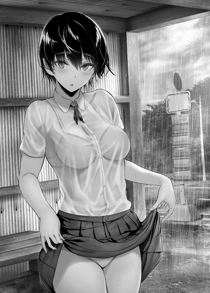 Anime picture 1007x1400 with original gentsuki single tall image looking at viewer blush fringe short hair breasts light erotic sky cleavage cloud (clouds) pleated skirt wet thighs monochrome rain skirt lift wet clothes